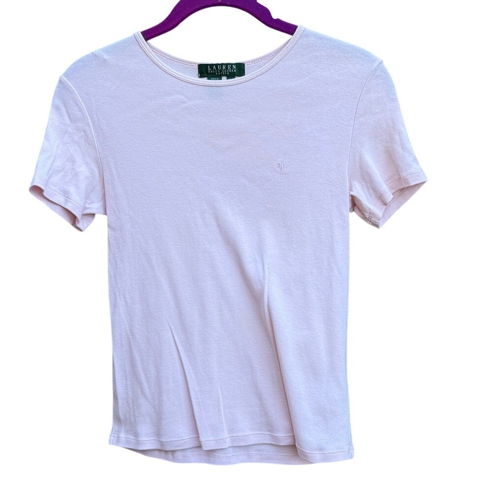 Lauren Ralph Lauren Petite Pink Cotton Ribbed Short Sleeve T-Shirt Logo P/P